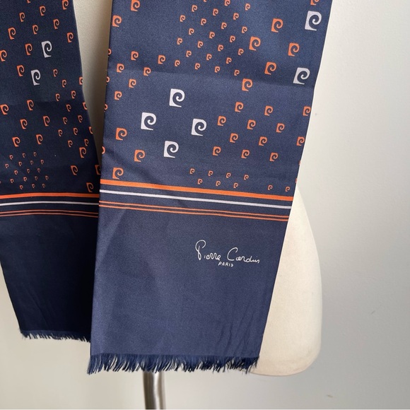 NOS Vintage Pierre Cardin Paris Navy Blue Orange Logo Print Long Scarf 6 x 54 - Picture 3 of 5